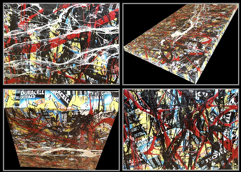 PANORAMICA DEL QUADRO ACCUMULAZIONE CON TECNICA ACTION PAINTING E COLLAGE MATERIALE RICICLATO